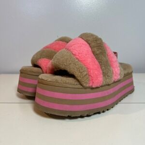 UGG Disco Stripe Slide Pink Tan Platform Sandals Slippers Fuzzy Womens Size 10